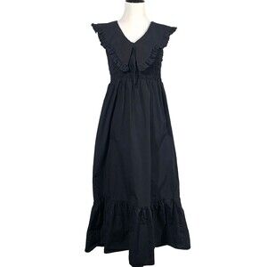 Topshop Oversized Collar Shirred Midi Dress in Black Size 10 Ruffle Hem Smocked
